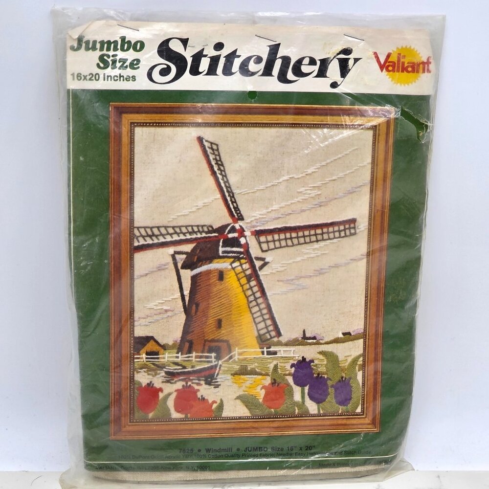 Vintage Windmill Crewel Embroidery Kit Dutch Tulips Jumbo 16x20 Valiant 7625 USA